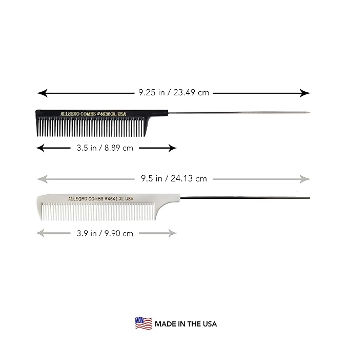 Allegro XL Pintail Rat Tail & Parting Combs - Metal Tail Foiling & Pin Combs (2 Pc., BLACK & WHITE)