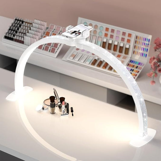 Premium Large Half Moon LED Light for Nail Tech, Foldable Arch Light for Nail Desk Lamp with Phone Stand Perfect for Manicure Handicraft Lighting (Crystal White, Large)