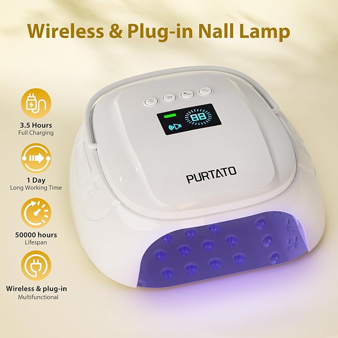 126W Cordless Rechargeable UV LED Nail Lamp with Large Space, Handle and Foot Rest, Fast Curing Gel Nail Dryer with 4 Timers for Salon and Home (White)