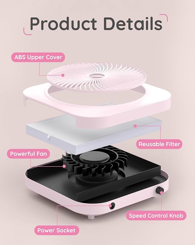 Lictin Nail Dust Collector with Reusable Filter, Adjustable Nail Vacuum Dust Collector Extractor Electric Dust Suction Machine for Acrylic Gel Nail Polishing Pink