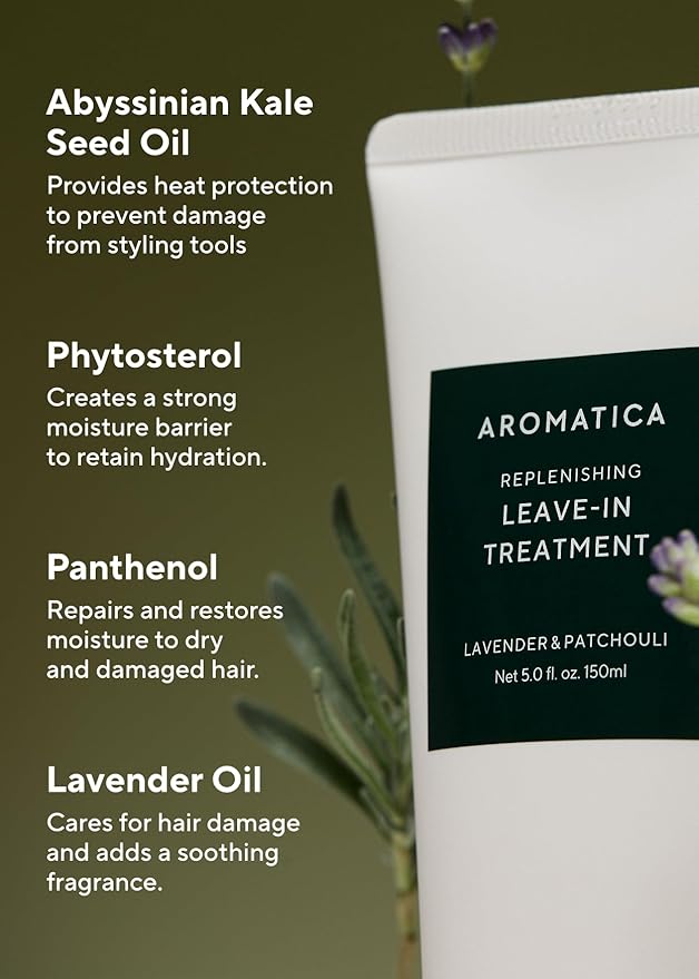 AROMATICA Replenishing Leave-in Conditioner Lavender & Patchouli, Perfect for Blow Out & Heat Protectant & Damaged hair for curly hair products - Silicone-Free, No-Wash Hair Treatment (5.0fl oz)