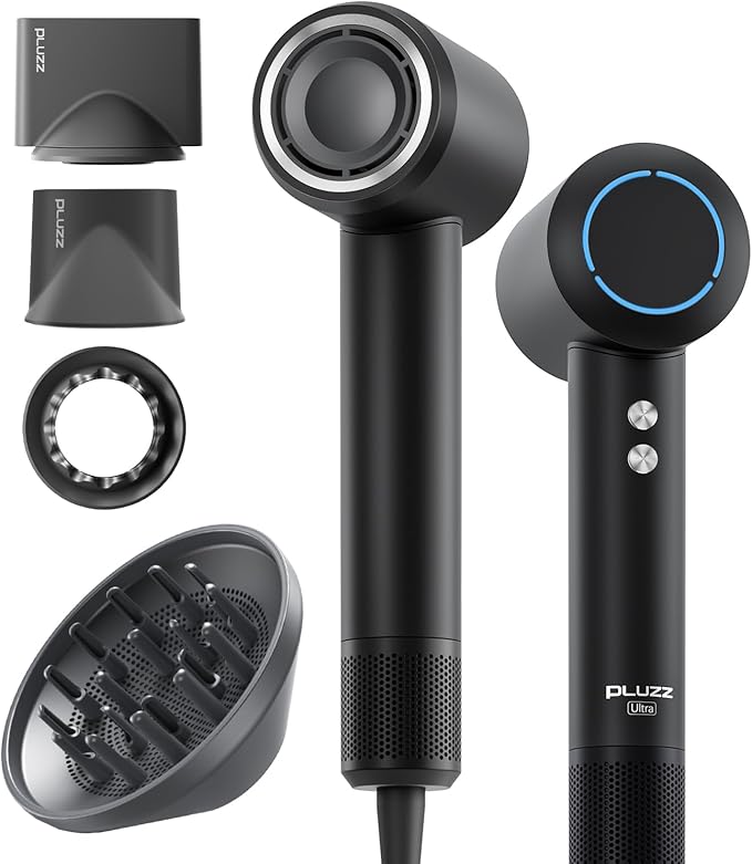 PLUZZ Professional Hair Dryer with Diffuser for Curly Hair, 400M Negative Ionic Blow Dryer for Fast Drying, 120,000 RPM High-Speed Brushless Motor, Low Noise Lightweight, Travel-Friendly (Black)
