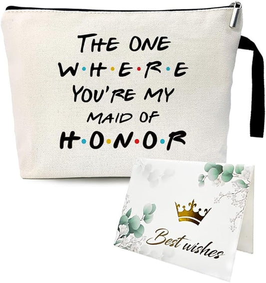 The One Where You're My Maid of Honor Funny Party Cosmetic Bag, for Travel Toiletry Zipper Storage Pouch Makeup Bag, Bachelorette Party Gifts, Bridesmaid Gift From Bride, Maid of Honor Proposal Gifts