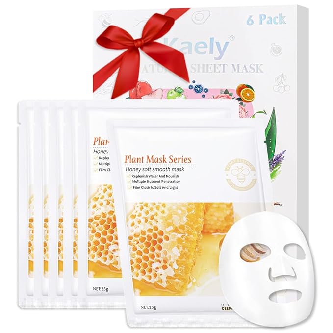 Kaely 6 Pack Honey Face Masks for Kids, Kids Face Mask Spa Day Kit Supplies, Spa Party Favors for Teens Girls Women, Sheet Facial Mask Skincare Gifts Set, Hydrating Nourish for All Skin Types, 07