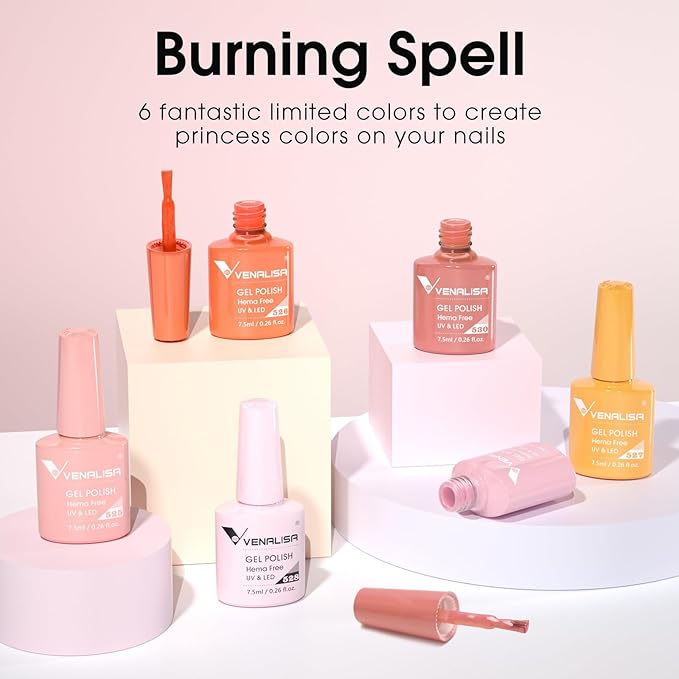 VENALISA Orange Gel Nail Polish Set, 6 Colors Coral Pink Orange Yellow Gel Polish UV Gel Soak Off For Nail Salon DIY Home Manicure