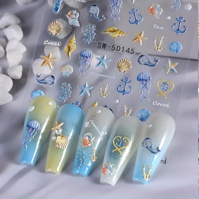 5D Embossed Ocean Life Nail Art Stickers Decals Self Adhesive Seashell Starfish Nail Decals Sea Creature Designs Summer Nail Stickers Marine Life Manicure Sliders for Women DIY Nail Art Decorations
