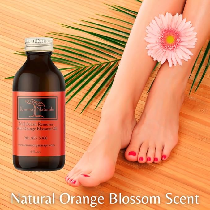 Karma Organic Nail Polish Remover with Soybean Oil and Orange Blossom Oil- Non Toxic, Vegan, Cruelty Free, Acetone Free – Nails Strengthener for Fingernails – 4 fl. Oz