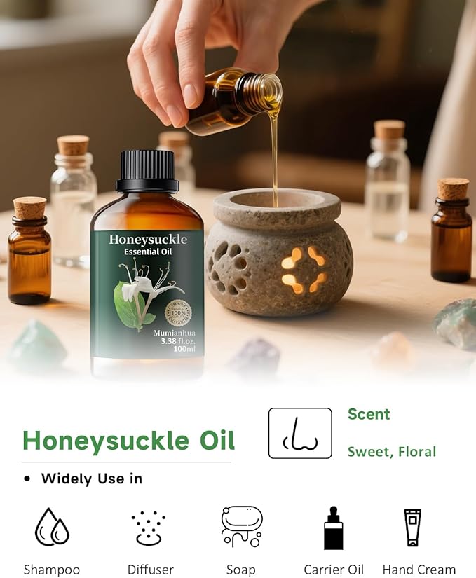 Pure Honeysuckle Essential Oil,Mumianhua Natural Honeysuckle Oil for Humidifier, Sweet Relaxation, Evening Serenity, Floral Diffusion, Laundry, Reed Diffuser, Skin,Candles,Perfume Crafts 3.38 Fl Oz