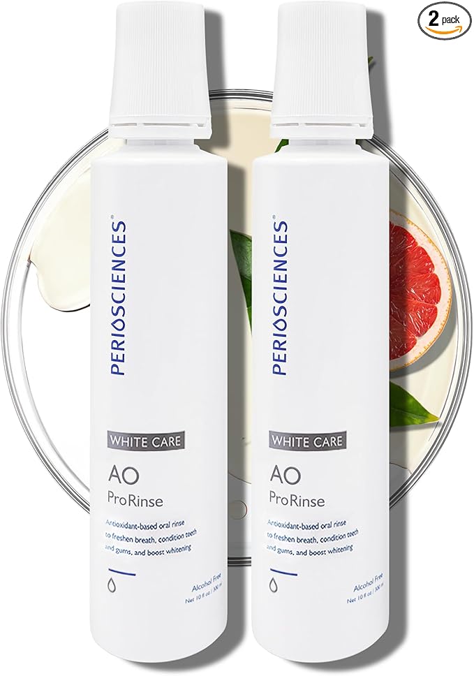 PerioSciences AO ProRinse White Care Whitening Mouthwash with Essential Oils and Antioxidants - Alcohol Free Mouthwash for Post-Whitening Enamel Protection, 10 fl oz/300ml Pack of 2