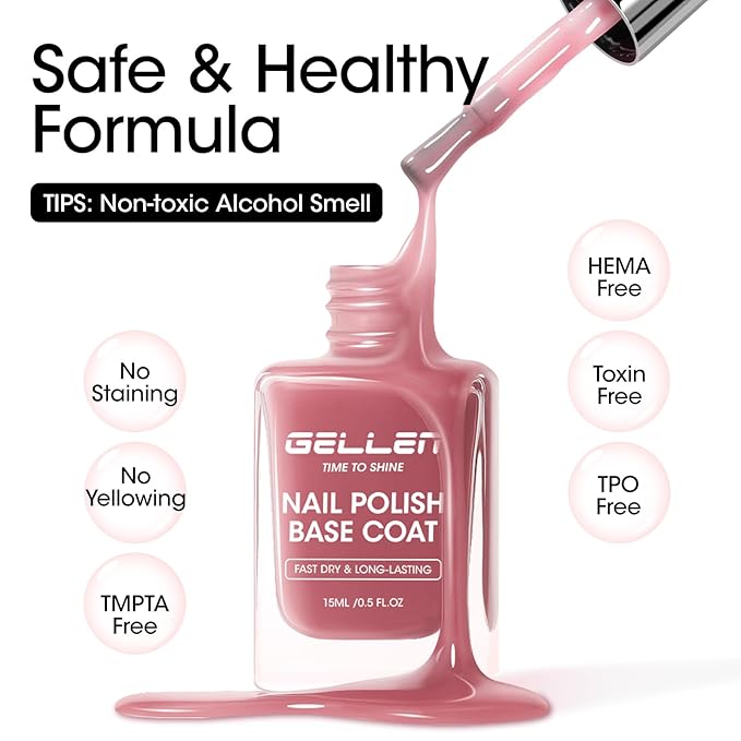 GELLEN 4-In-1 Clear Nail Polish Base Coat Dusty Pink Tint, Sheer Rose Ridge Filler For Nails, Nail Strengthener Concealer, Calcium Formula Smoothes Strengthens Nails, Enhances Natural Look, HEMA Free