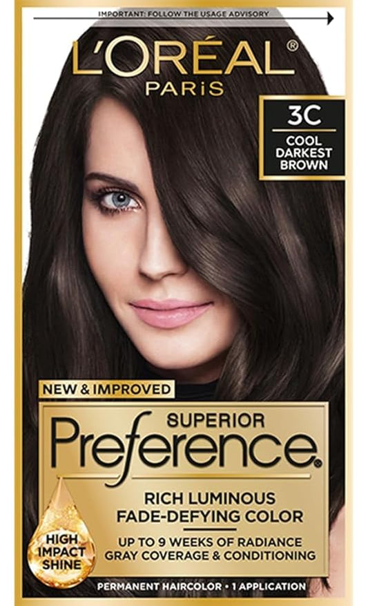 L'Oreal Paris Superior Preference Luminous Fade-Defying Permanent Hair Color, Hair Dye For Up to 9 Weeks of Radiance, Cool Darkest Brown 3C, 1 Hair Dye Kit