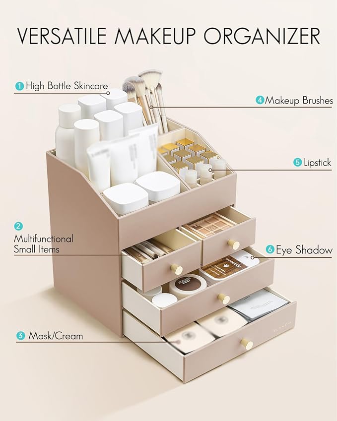 Vlando Makeup Organizer Countertop,Large Vanity Organizer PU Leather Make up Storage with 4 Drawers Skin care Organizer Cosmetic Display Case for Lipstick,Brushes,Bedroom-Toffee