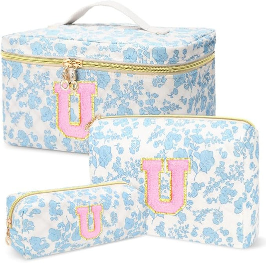 3 PCS Travel Makeup Bag Set,A-Z Initials Cotton Make up Bag Floral Quilted Cosmetic Bag for Girls and Women,Personalized Christmas Gifts,Cute Toiletry Travel Accessories Brushes Bags-U