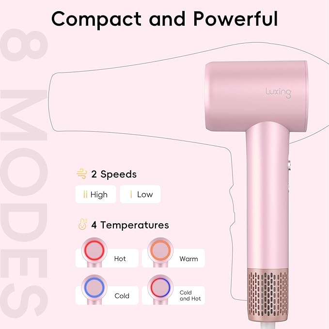 Hair Dryer, TurboLux Ionic 200 Million Negative Ions 1500W Fast Drying High Speed Hairdryer with Diffuser, Lightweight, Low Noise Hair Dryers for Women with 110000 RPM Brushless Motor (Pink)