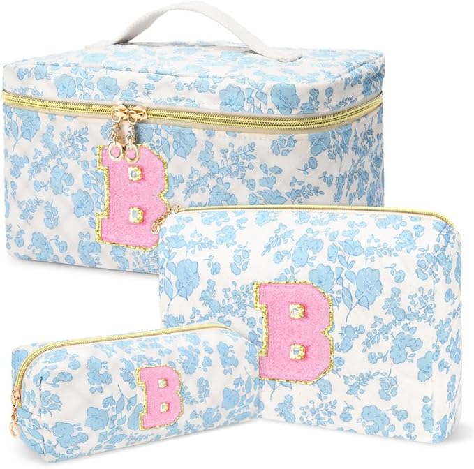 3 PCS Travel Makeup Bag Set, A-Z Initials Cotton Make up Bag Floral Quilted Cosmetic Bag for Girls and Women, Personalized Cute Toiletry Bag Travel Accessories Brushes Bag Blue - B