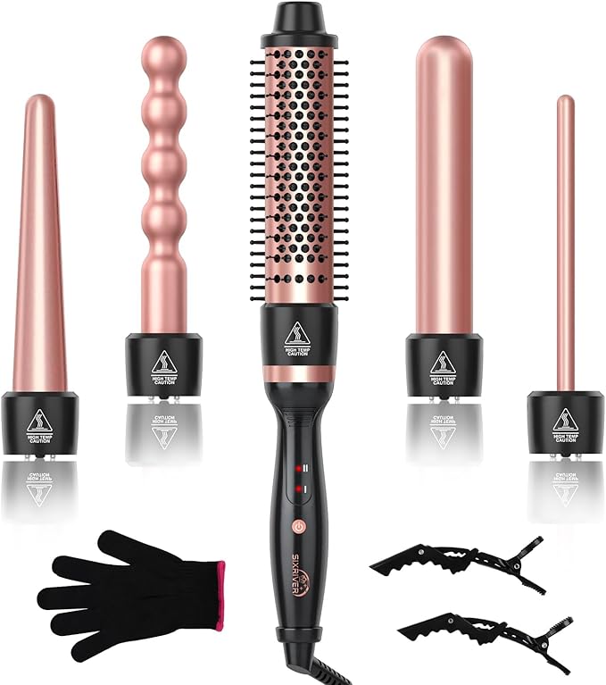 5 in 1 Curling Wand Set, Sixriver Hair Curling Iron with Curling Thermal Brush&4 Interchangeable Ceramic Curling Wand(0.4”-1.25”), Long Lasting Curls, Fast Heating Hair Wand Curler with Glove&2 Clips
