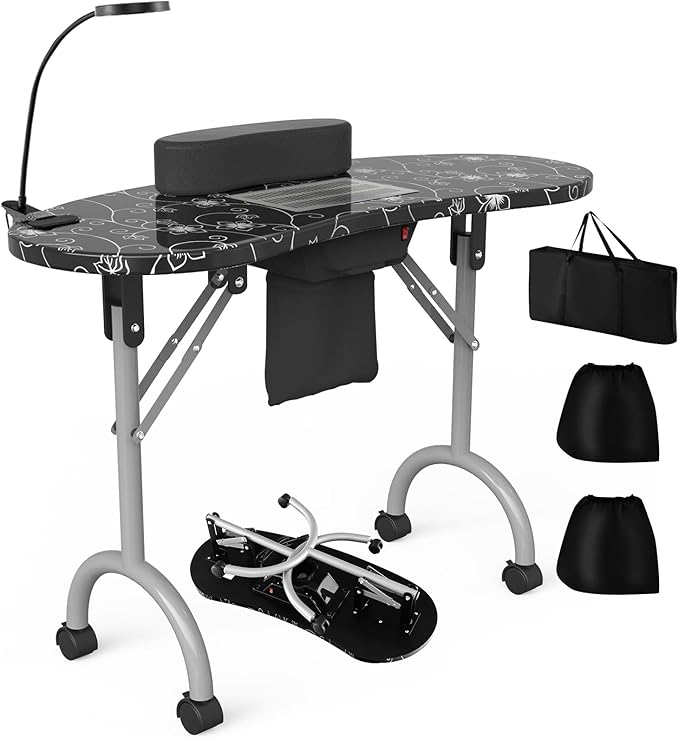 WELLHUT Manicure Table Portable Nail Table Desk with LED Nail Lamp, Elctric Dust Collector, Wrist Rest, Lockable Wheels, Folding Manicure Station for Nail Techs with Carry Bag