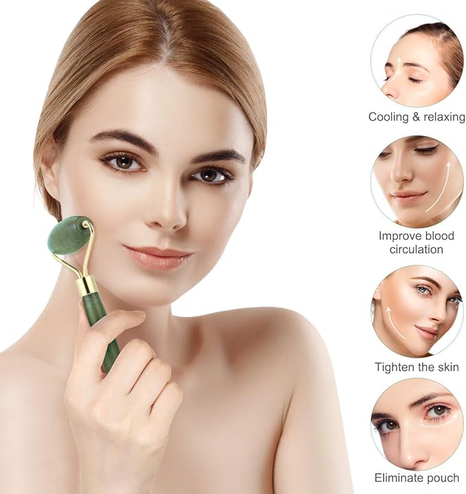 rosenice Gua Sha Facial Tools Guasha Tool Gua Sha Jade Stone for Face Skincare Facial Body Acupuncture Relieve Muscle Tensions Reduce Puffiness Festive Gifts (Green-Set)