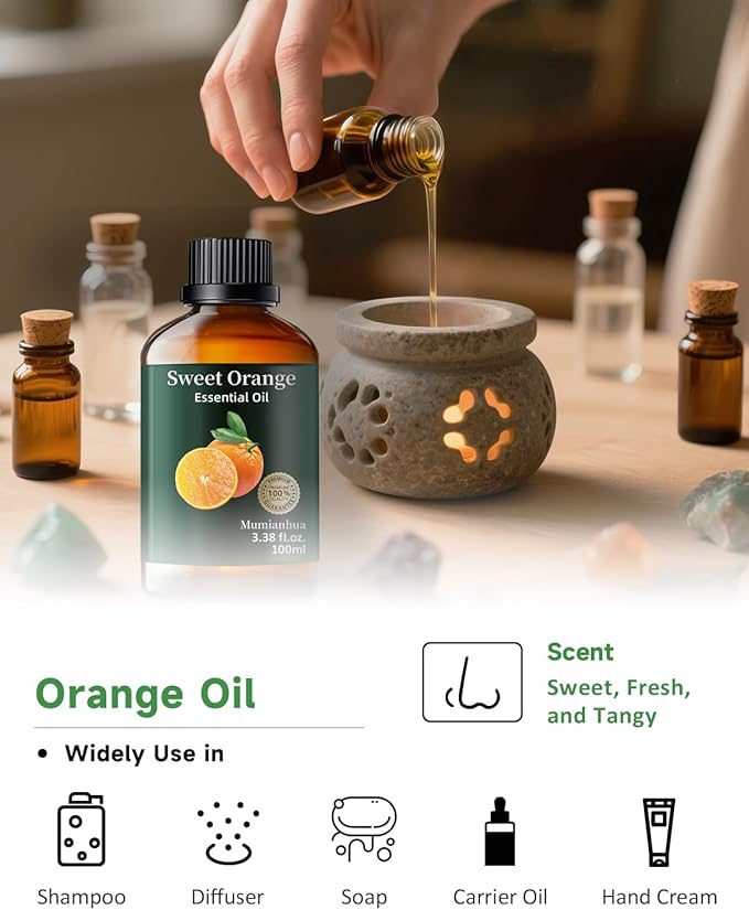 Orange Essential Oil Pure,Mumianhua Natural Sweet Orange Oil for Diffuser, Humidifier, Air Purifier, Skin,Home, Soap, Candle Making, Room Spray, Cleaning 3.38Fl Oz