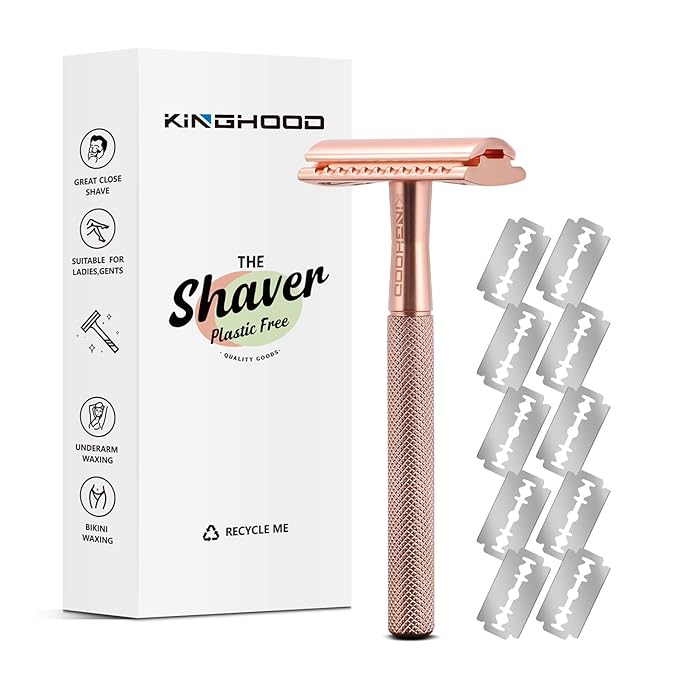 KINGHOOD Safety Razor Single Blade for Men with 10 Double Edge Blades Metal Reusable Eco Friendly Razors Rose Gold