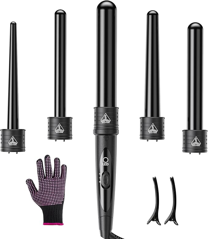 5 In 1 Curling Wand Set, Curling Iron Interchangeable Ceramic Barrels (0.35-1.25 Inch), Heating Hair Curler Kit with Protective Glove & 2 Clips Ceramic Coated for All Hair Types, Gift for Girls, Women