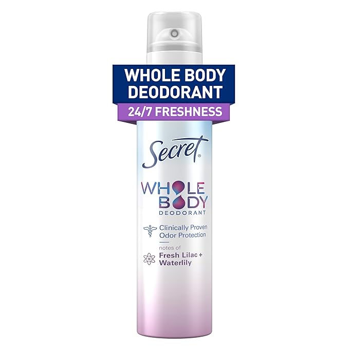 Secret Whole Body Deodorant Spray for Women, Lilac & Waterlily Scent, Aluminum Free Deodorant Spray, 72 HR Odor Protection, 3.5 oz