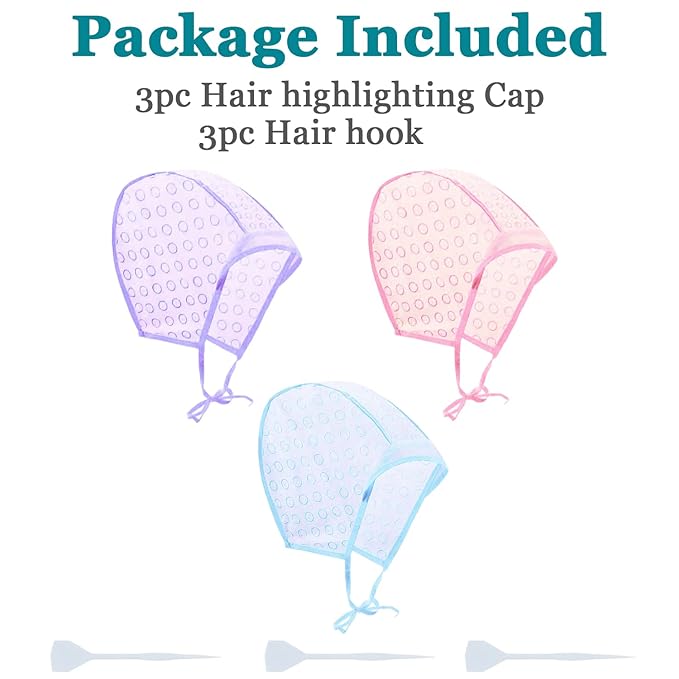 Yzurbu 3pcs Hair Highlighting Caps, Bleach Cap Coloring Frosting Dye Kit with Plastic Hooks for Salon Hair Dyeing Hairdressing (Pink, Blue, Purple）