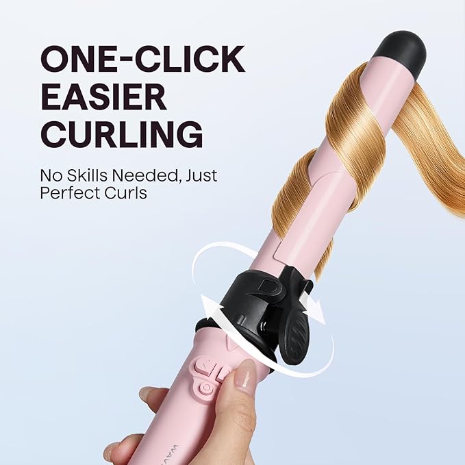 Wavytalk Rotating Curling Iron, 1 Inch Automatic Waver for Effortless Waves up to 430℉ with Home Button, Pale Pink