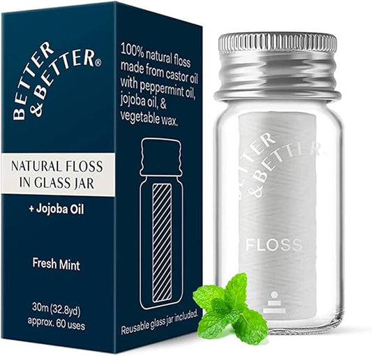 Better & Better Natural Floss in Refillable Glass Jar | Waxed & Zero Plastic Oral Care - 100% Plant-Based, Vegan, Eco and Non Toxic Dental Floss, 1 Spool
