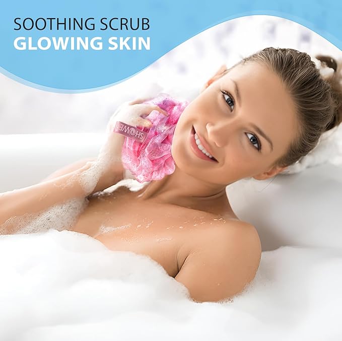 SHOWER BOUQUET Pink-Loofah Bath-Sponge XL 4-Pack // Extra Large 75g Soft Mesh Net Pink Loofa Loufa Luffa Lufa Puff Set/Exfoliating Body Scrubber for Women and Men - Exfoliate & Soothe Face & Body