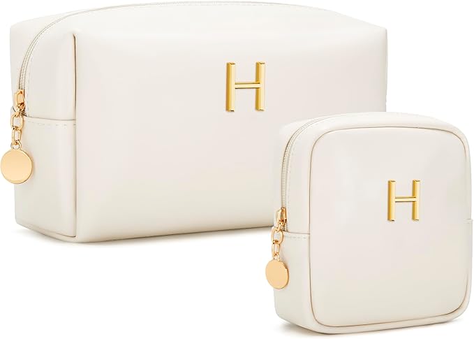 Personalized Christmas Gifts for Women - Initial Makeup Bag Birthday Gifts for Women Travel Toiletry Bag Cosmetic Bags with Soft PU Leather (Beige H)