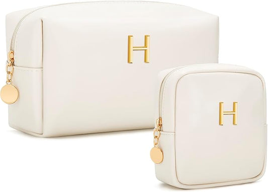 Personalized Christmas Gifts for Women - Initial Makeup Bag Birthday Gifts for Women Travel Toiletry Bag Cosmetic Bags with Soft PU Leather (Beige H)