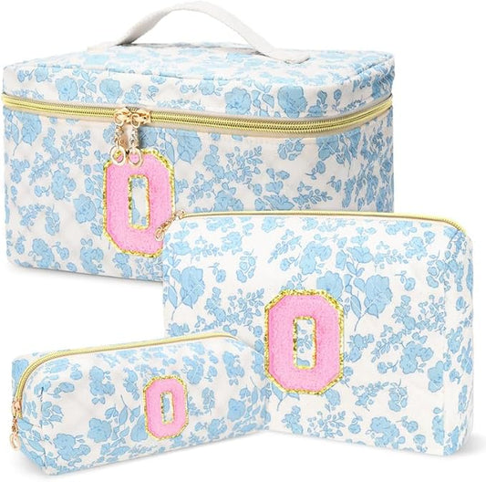 3 PCS Travel Makeup Bag Set, A-Z Initials Cotton Make up Bag Floral Quilted Cosmetic Bag for Girls and Women, Personalized Cute Toiletry Bag Travel Accessories Brushes Bag Blue - O