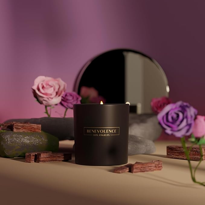 Benevolence LA Rose & Sandalwood Scented Candle | Soy Christmas Candles, Black Candle for Home | Holiday Candles Gifts for Women and Men | Home Fragrance | Aromatherapy | 8oz, 45 Hour Burn