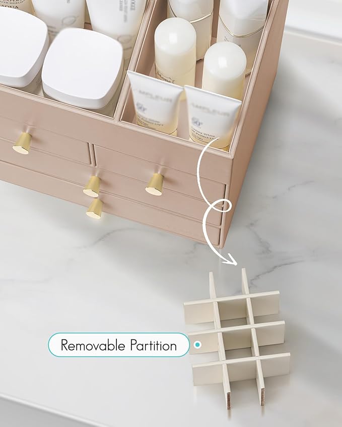 Vlando Makeup Organizer Countertop,Large Vanity Organizer PU Leather Make up Storage with 4 Drawers Skin care Organizer Cosmetic Display Case for Lipstick,Brushes,Bedroom-Toffee