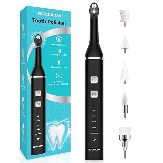 Tooth Polisher, RRZIOM Rechargeable Teeth Polisher for Teeth Whitening and Cleaning Kit, Waterproof Tooth Polish Dental Tools with LED Light, 5 Brush Heads, 5 Speed Modes, Tooth Polishing Kit
