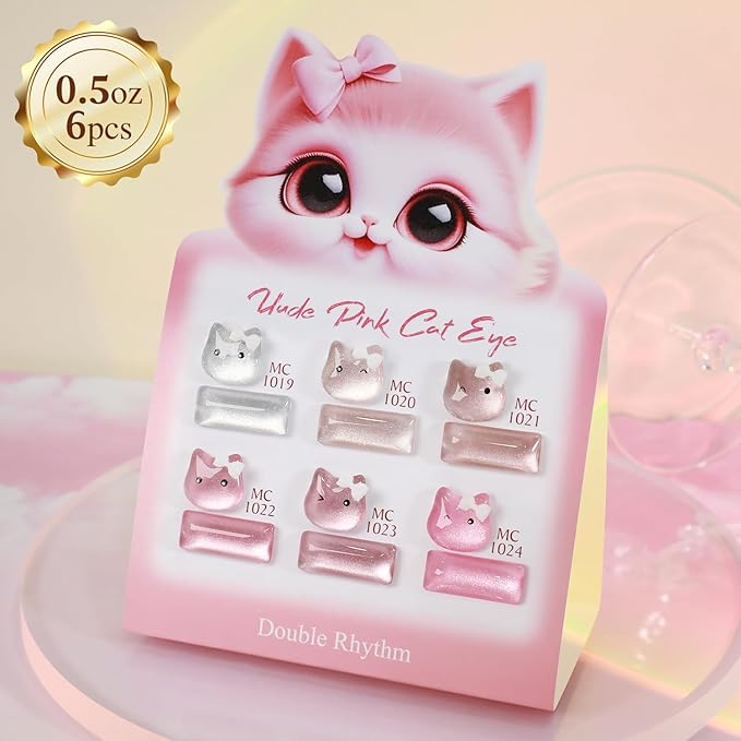 Double Rhythm Cat Eye Gel Nail Polish Set of 6 Same Color Same Bottle 0.5 Oz Shimmer Glitter with Magnet Holographic Reflective Magnetic UV Nail Polish Kit at Home (Silver Nude Pink-T6-42)