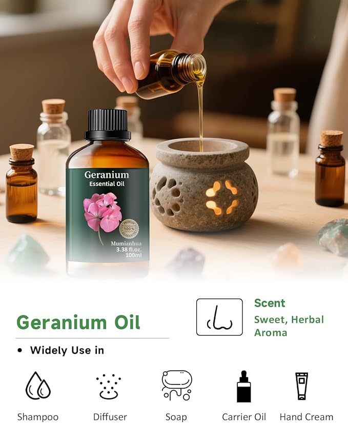Pure Geranium Essential Oil, Mumianhua Natural Rose Geranium Oil for Reed Diffuser, Air Freshener, Massages,Relaxation, Garden Freshness, Outdoor Ambiance, Skin, Hair, Soap, Candles Making 3.38 Fl oz
