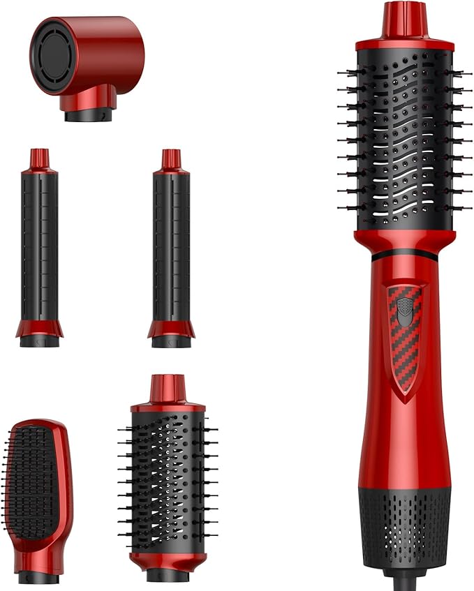 5 in 1 Air Styler Set & Hair Dryer Brush, Low-Speed Negative Ionic Hair Styler Drying, Multi Hair Styler, Professional Blow Dryer Brush for Curling Volumizing Straightening Styling (Red/Black)
