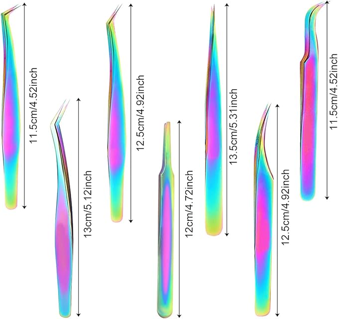 Eyelash Extension Tweezers Set, Fangze 7 Pcs Lash Kit Rainbow Stainless Steel Straight and Curved Tweezer for Nail Art Ingrown Hair Craft