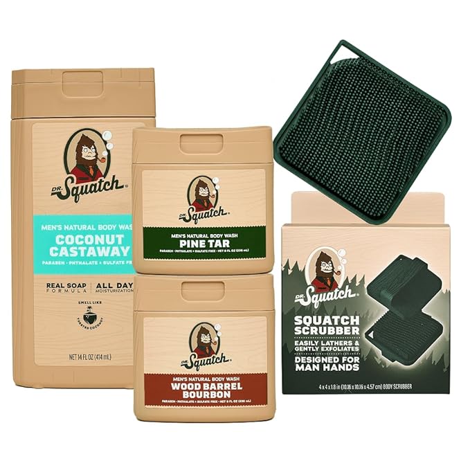 Dr. Squatch NEW Body Wash for Men with Nourishing, Natural Ingredients | No Paraben, Phthalate, Sulfate | Coconut Castaway (14 oz), Wood Barrel Bourbon & Pine Tar (8 oz, 2-Pack) & Body Scrubber