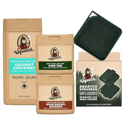 Dr. Squatch NEW Body Wash for Men with Nourishing, Natural Ingredients | No Paraben, Phthalate, Sulfate | Coconut Castaway (14 oz), Wood Barrel Bourbon & Pine Tar (8 oz, 2-Pack) & Body Scrubber
