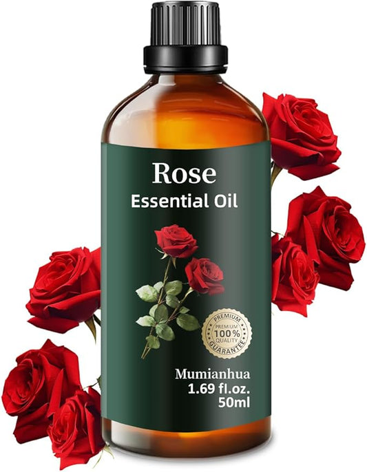 Pure Rose Essential Oil, Mumianhua Natural Rose Oil for Reed Diffuser, Air Freshener, Aromatherapy, Relaxation, Skin,Hair, Cologne, Candles Making, Evening Wellness, Romantic Atmosphere 1.69 Fl Oz