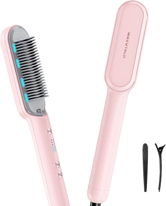 Wavytalk Hair Straightener Brush, Sleek Sweep Ionic Straightening Brush with 6 Temperature Adjust, Anti-Scald Ceramic Straightening Comb Fast Heating for Home Salon, Dual Voltage Pink.