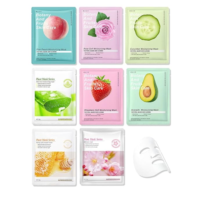 8 Pack Plants Fruits Face Sheet Mask Skincare,Hydrating Face Mask For Sensitive Skin,Moisturize,Soothing,Nourish for All Skin Types,Natural Spa Party Facial Mask Skincare Set for Women Men Girls