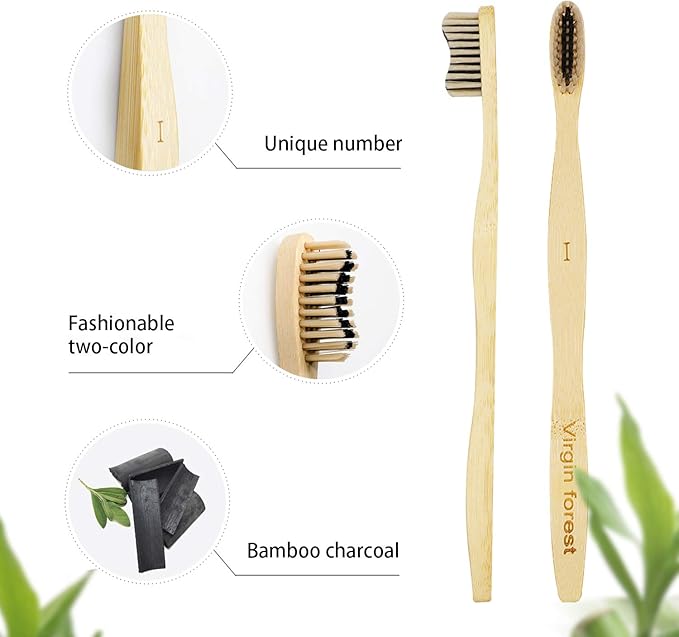 Virgin Forest Bamboo Toothbrush, Biodegradable Soft Bristles Toothbrushes, Wooden Toothbrush with Wave-Shaped Two-Color Bristles and Larger Thicker Handle (6 Pcs)