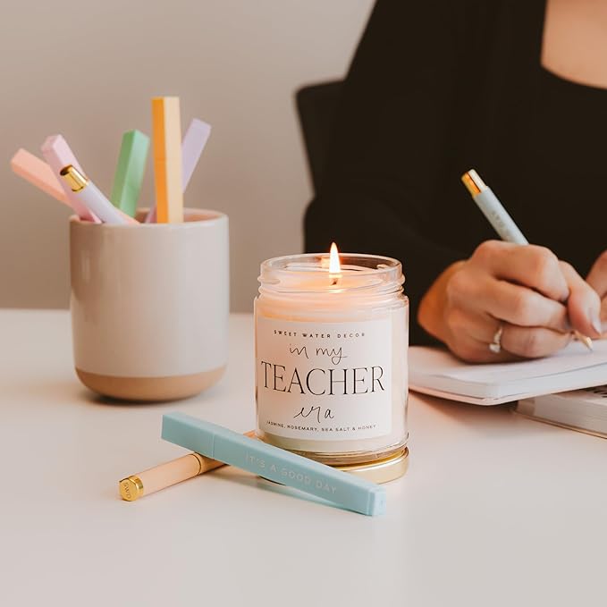 Sweet Water Decor in My Teacher Era Candle - Teacher Appreciation Gift - Jasmine, Rosemary, Sea Salt Scented Candle - 9 oz Soy Candle in Clear Jar with 40+ Hours Burn Time - Gifts for Teachers