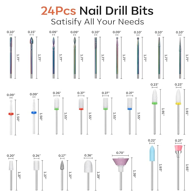 Modelones 24 Pcs Nail Drill Bit Set, 3/32” Ceramic Diamond Carbide Nail Drill Bits, Acrylic Gel Nail Bit Kit, Cuticle Remover Bits for Acrylic Gel Dip Powder Nail Manicure Pedicure