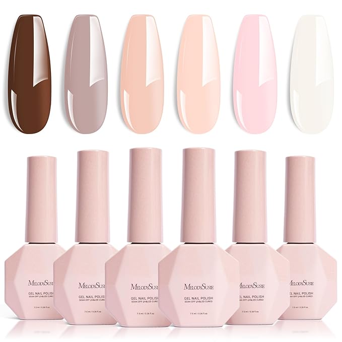 MelodySusie Nude Brown Gel Nail Polish Set - 6 Colors Milky Beige Neutral Pink Soak Off UV LED Gel Polish Gift for Women Nail Art Manicure Salon DIY Nail Design Decoration at Home