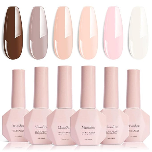 MelodySusie Nude Brown Gel Nail Polish Set - 6 Colors Milky Beige Neutral Pink Soak Off UV LED Gel Polish Gift for Women Nail Art Manicure Salon DIY Nail Design Decoration at Home